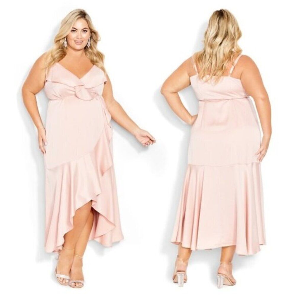 City Chic Women's Ruffle Hi-Low Wrap Maxi Dress Sexy Cocktail Pink Size16 $149